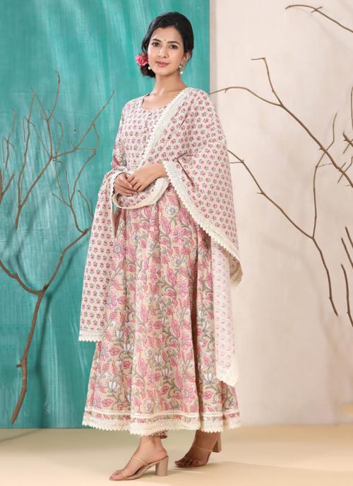 Off White Muslin Cotton Traditional Wear Printed Work Readymade Salwar Suit