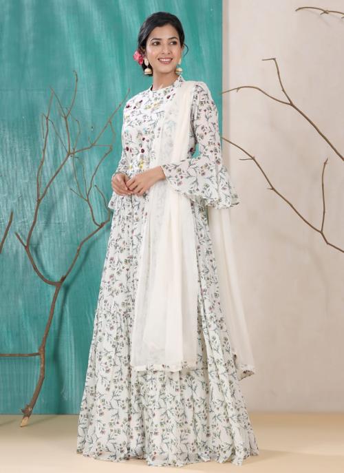 White Muslin Cotton Traditional Wear Printed Work Readymade Anarkali Suit
