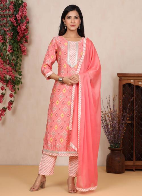 Pink Muslin Cotton Party Wear Printed Work Readymade Salwar Suit