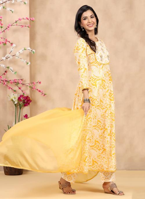Yellow Muslin Cotton Party Wear Printed Work Readymade Salwar Suit