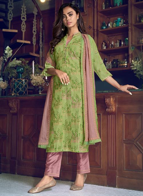 Green Art Silk Party Wear Embroidery Work Straight Suit