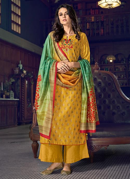 Yellow Tussar Silk Party Wear Embroidery Work Palazzo Suit
