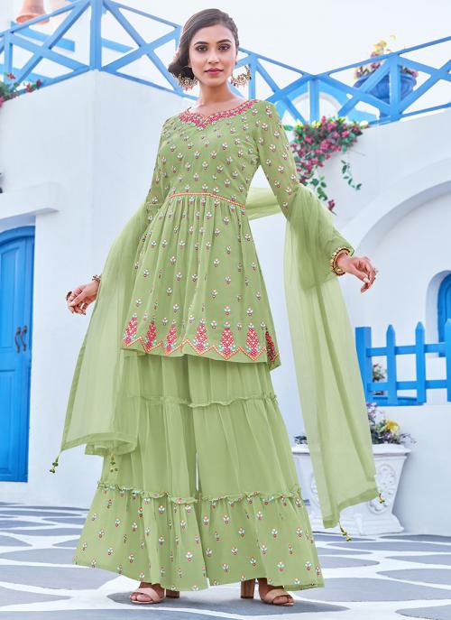 Pista Green Georgette Festival Wear Embroidery Work Readymade Salwar Suit