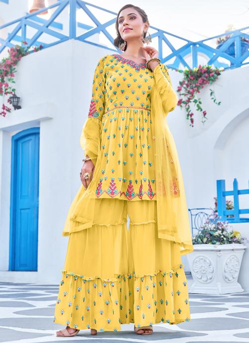 Yellow Georgette Festival Wear Embroidery Work Readymade Salwar Suit