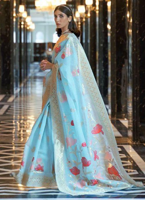Sky Blue Pure Linen Traditional Wear Weaving Saree