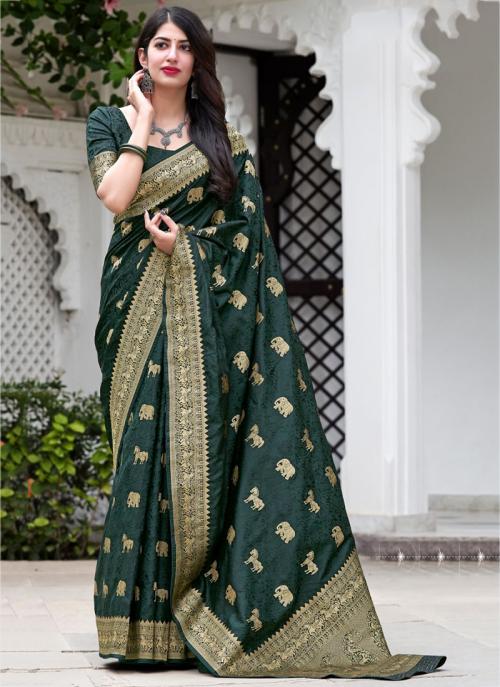 Bottle Green Satin Silk Wedding Wear Weaving Saree