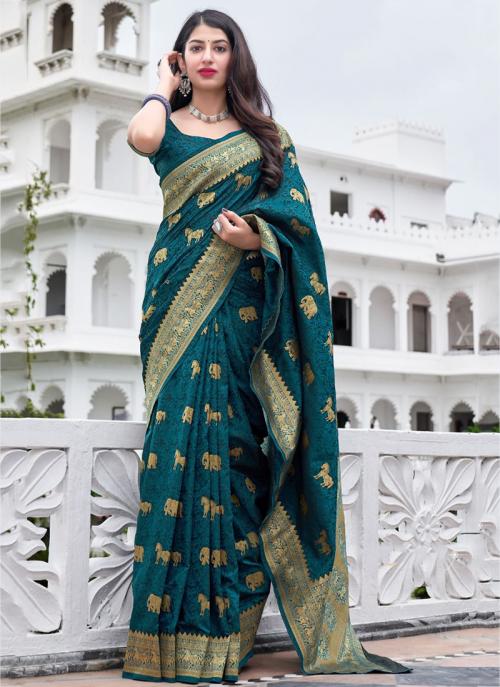 Rama Blue Satin Silk Wedding Wear Weaving Saree