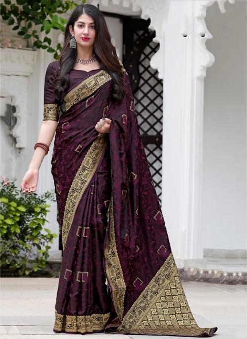 Wine Satin Silk Wedding Wear Weaving Saree