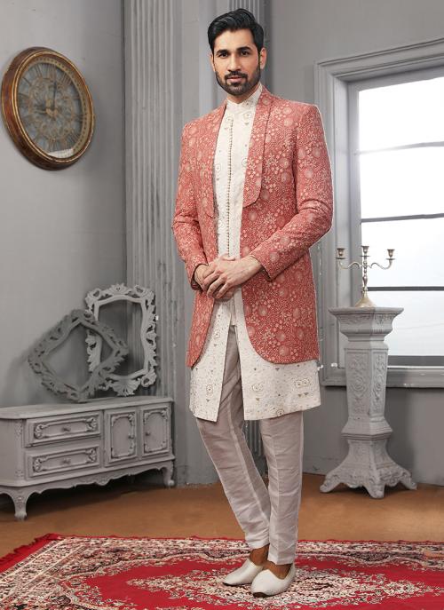 White Pink Lucknowi Wedding Wear Embroidery Work Sherwani