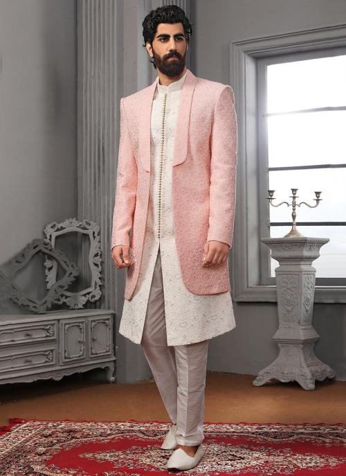 Pink Lucknowi Wedding Wear Embroidery Work Sherwani