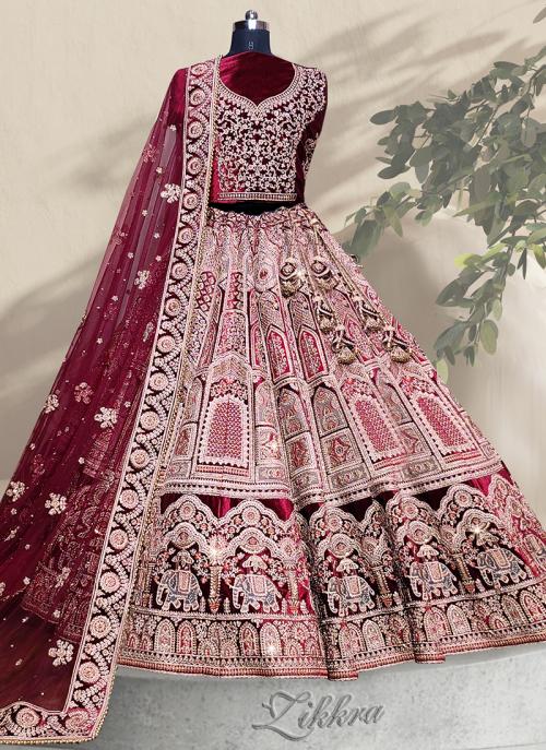 Maroon Velvet Wedding Wear Embroidery Work Lehenga Choli