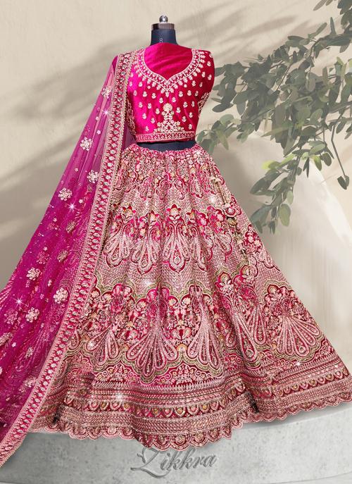 Pink Velvet Wedding Wear Embroidery Work Lehenga Choli