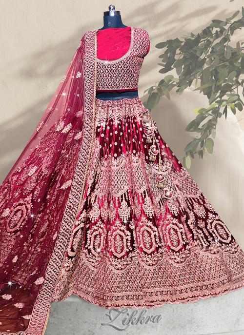 Maroon Velvet Bridal Wear Embroidery Work Lehenga Choli