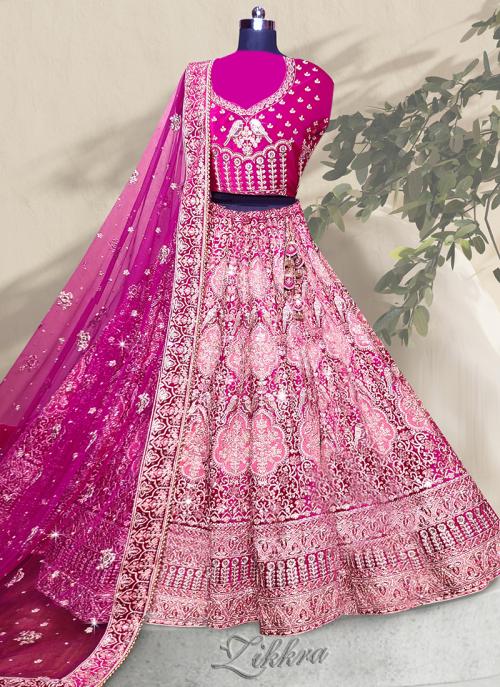 Pink Velvet Bridal Wear Embroidery Work Lehenga Choli