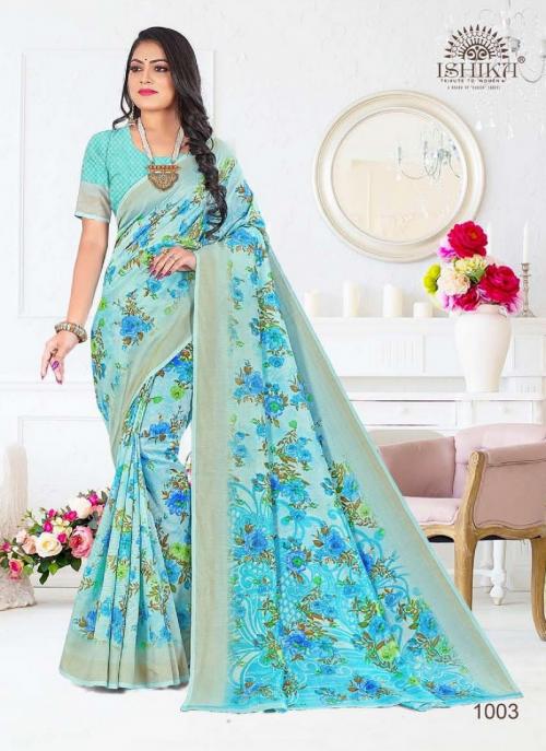 Sky Blue Silk Casual Wear Printed Work Saree