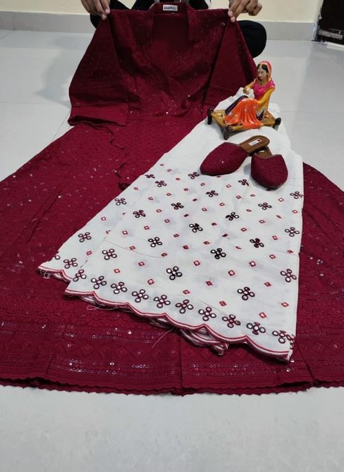 Hot Maroon Pure Cotton Festival Wear Sequins Work Kurti With Sharara