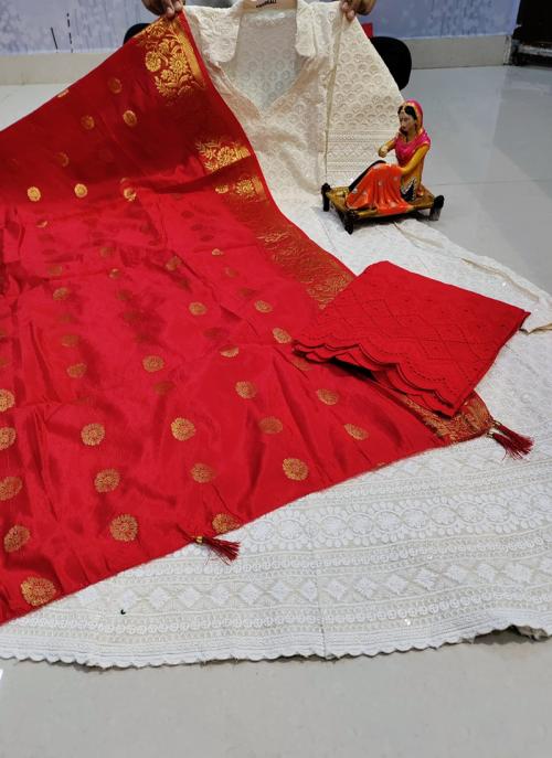 Hot Red Pure Cotton Traditional Wear Embroidery Work Gown With Dupatta
