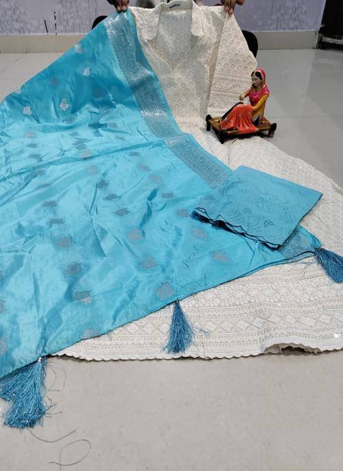 Sky Blue Pure Cotton Traditional Wear Embroidery Work Gown With Dupatta