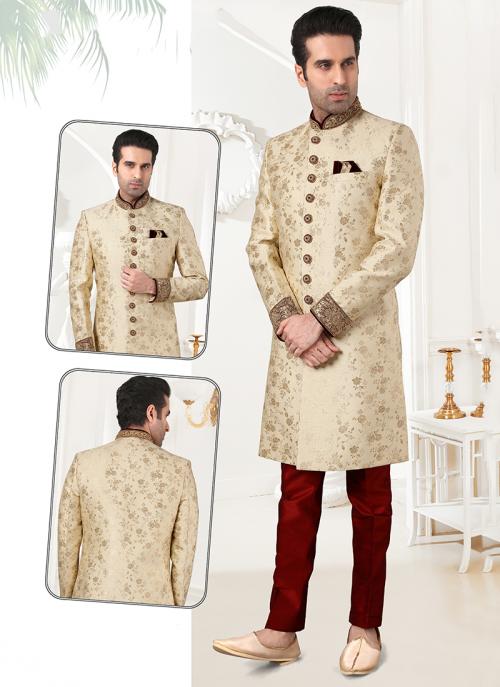 Gold Banarasi Brocade Wedding Wear Weaving Sherwani