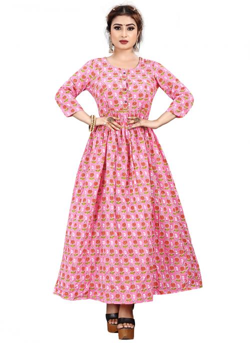 Pink Cotton Daily Wear Printed Work Maternity Gown
