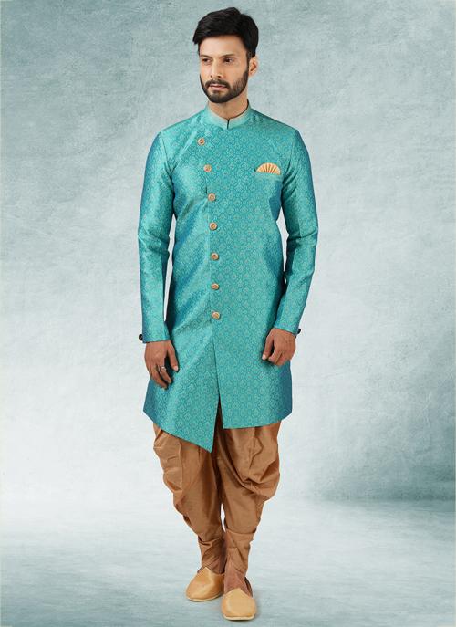 2 ton teal green blue Jacquard Brocade Silk Wedding Wear Pintux Peshawari Indo Western