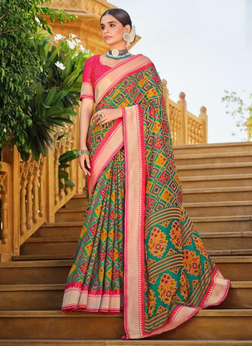 Olive Green Brasso Party Wear Patola Saree