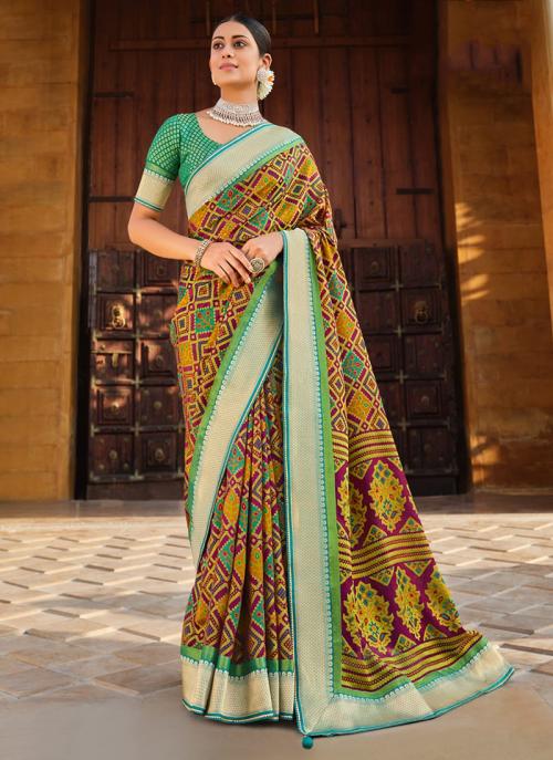 Teal Green Brasso Party Wear Patola Saree