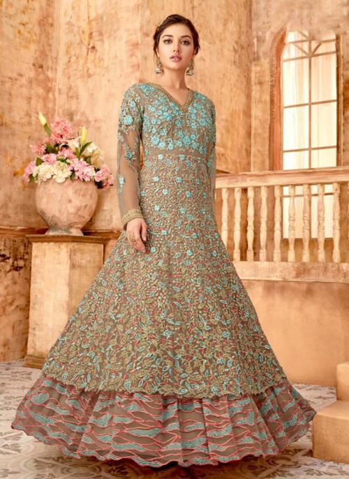 Designer Embroidery Work Beige Net Wedding Wear Anarkali Suit
