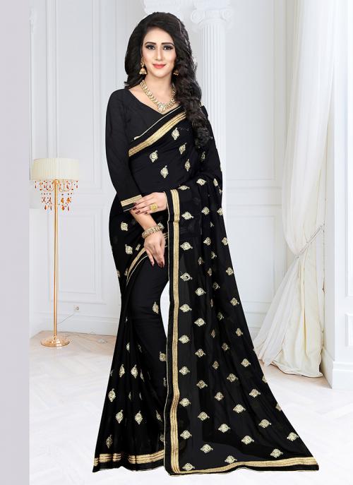 Black Georgette Daily Wear Embroidery Work Saree