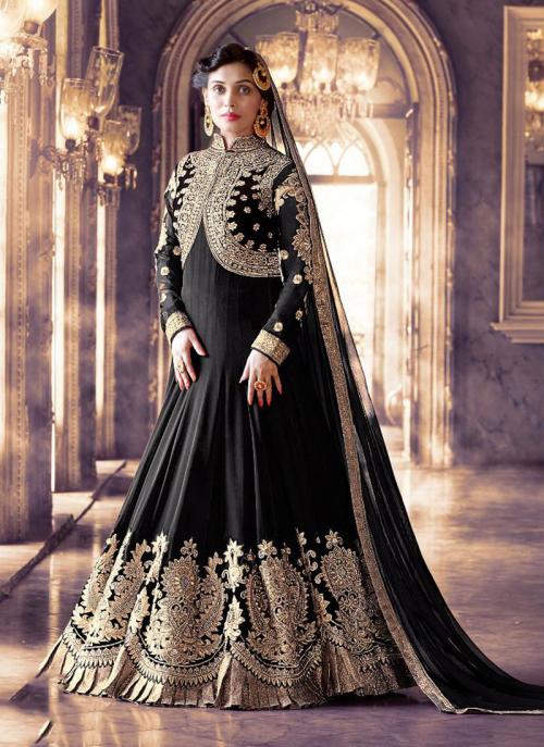 Black Georgette Wedding Wear Heavy Embroidery Work Churidar Style