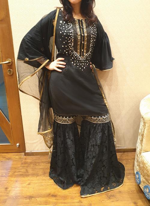 Black Silk Festival Wear Mirror Work Sharara Suit