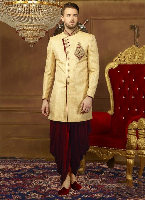 Cream And Maroon Brocade Wedding Wear Embroidery Work Sherwani