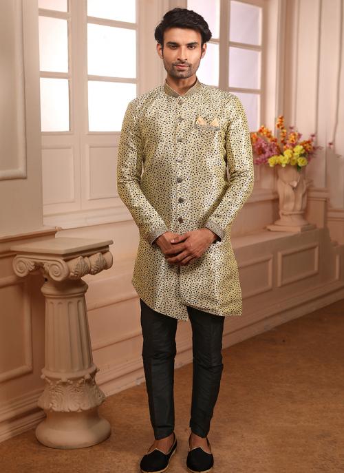 Indowestern Cream Jacqaurd Wedding Wear Weaving Sherwani Style