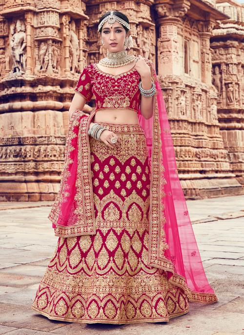 Buy Fuchsia Pink Velvet Bridal Wear Zari Work Lehenga Choli