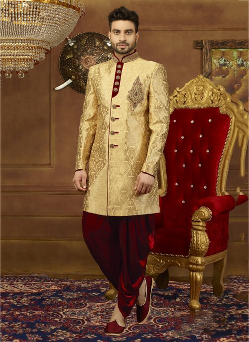 Golden Brocade Wedding Wear Embroidery Work Sherwani