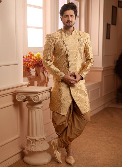 Wedding Wear Golden Jacqaurd Weaving Dhoti Indowestern