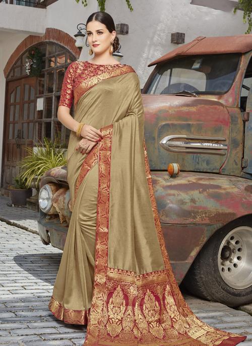 Golden Vichitra Silk Festival Wear Lace Work Saree