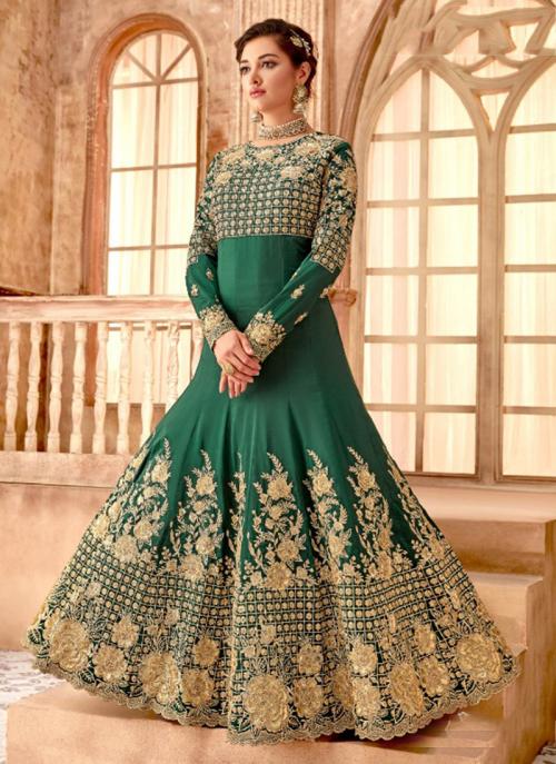 Green Bemberg Wedding Wear Embroidery Work Anarkali Suit