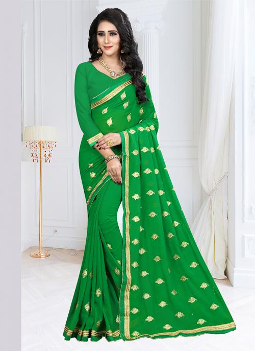 Green Georgette Daily Wear Embroidery Work Saree