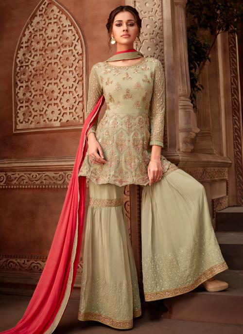 Green Georgette Traditional Wear Embroidery Work Sharara Suit