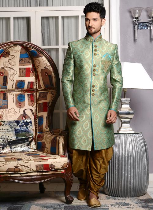 Green Jacqaurd Silk Bridal Wear Embroidery Work Sherwani