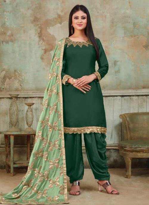 Green Satin Festival Wear Khatli Work Patiala Suit