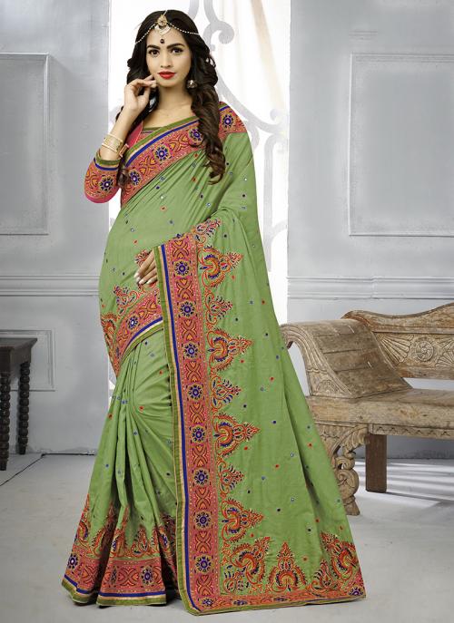 Green Silk Wedding Wear Thread Work Saree