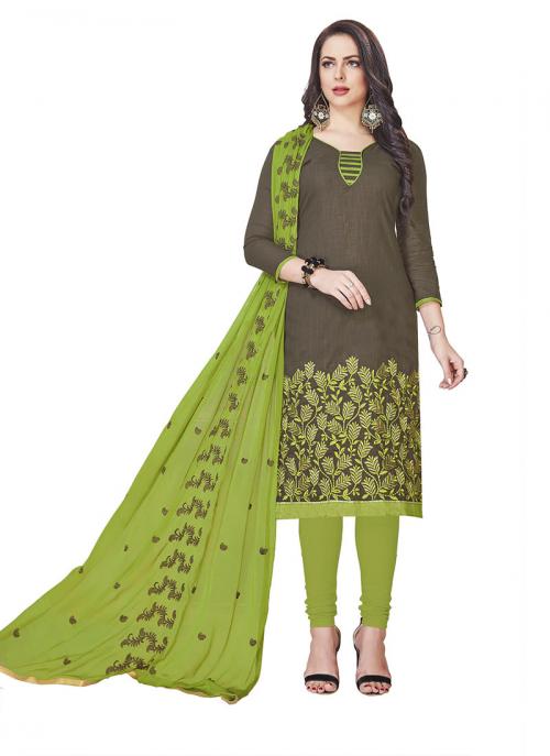 Green South Cotton Casual Wear Embroidery Work Churidar Style