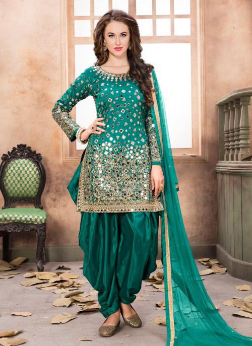 Green Tapeta Silk Wedding Wear Mirror Work Patiala Suit
