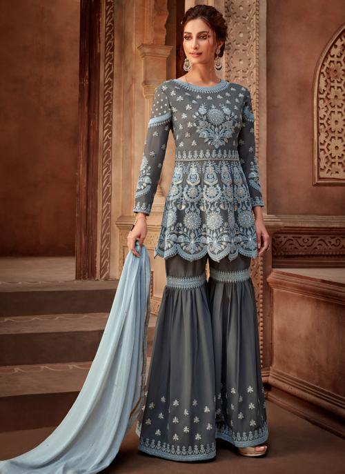 Grey Georgette Traditional Wear Embroidery Work Sharara Suit