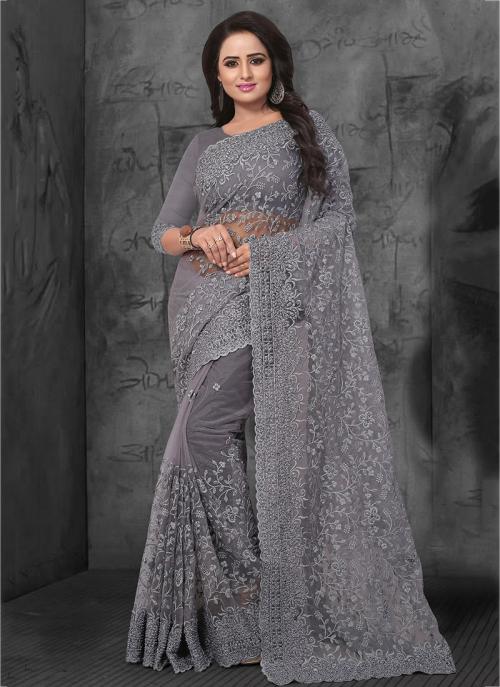 Buy New Embroidery Work Designer Saree Grey Net Wedding Wear Collections Online From Wholesale Salwar