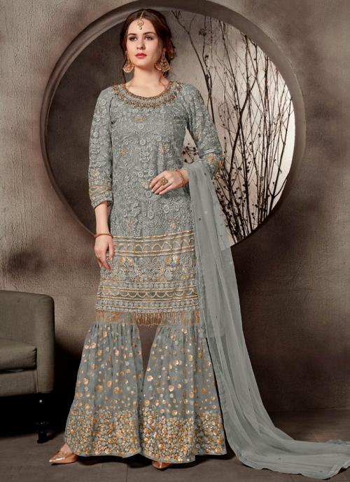 Grey Net Wedding Wear Heavy Embroidery Work Exclusive Sharara Suit
