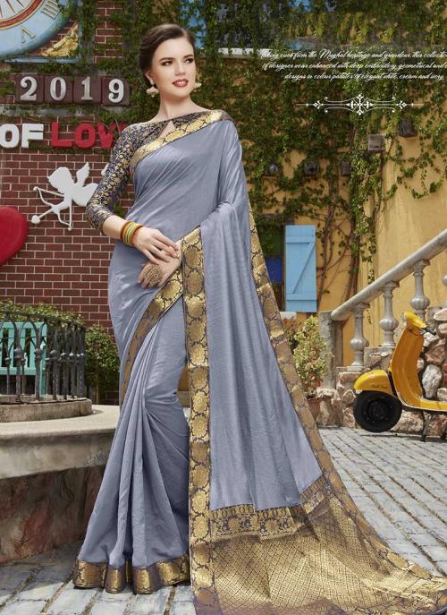 Lace Work Grey Vichitra Silk Festival Wear Saree