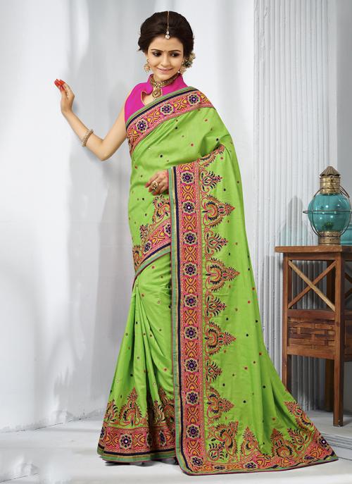 Light Green Silk Wedding Wear Thread Work Saree